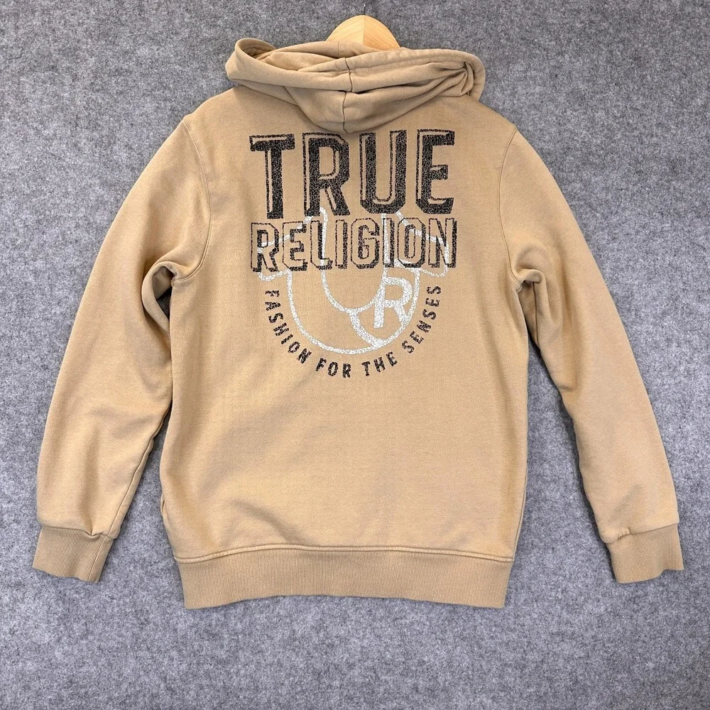 True‎ Religion Hoodie Sweatshirt Mens M Beige Full Zip Logo Front Back